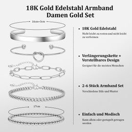 Ahokei Women's Gold Bracelet, 2 Pieces, Titanium Steel Bracelet Set, 18 K Gold Stainless Steel Bracelet, Women's Jewellery, Silver Bangle for Women, 17/18 cm, Valentine's Day for Her Women, Stainless