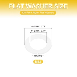 PATIKIL M12 Nylon Flat Washers, 120 Pcs 12mm ID 20mm OD 1mm Thick Plastic Sealing Flat Round Washer Spacer Gaskets Replacement for Plumbing Faucet Hose Fastener Bolt, White