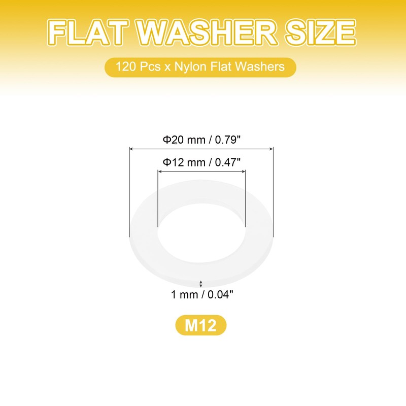 PATIKIL M12 Nylon Flat Washers, 120 Pcs 12mm ID 20mm