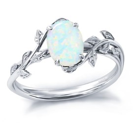 Opal Ring 925 Sterling Silver Oval Opal Ring for Women Leaf Promise Ring for Her Christmas Birthday Anniversary Jewelry Gifts for Women,Ring Size 8