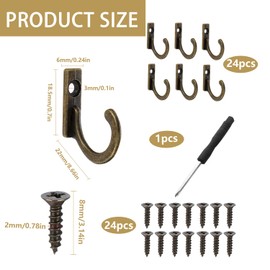 ZIOYA Pack of 24 Hooks for Screwing Wall Hooks Vintage Hooks Clothes Hooks Antique Key Hooks Mini Robe Hooks Coat Hooks with Screwdriver for Bedroom Bathroom Kitchen (Bronze)