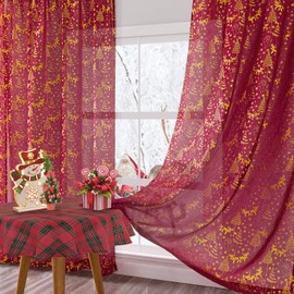 XTMYI Red Curtains 2 Panels,Sheer Holiday Printed Winter Curtains for Living Room 63 Inch Length,Cortinas Rojas para Sala
