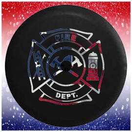 JL Spare Tire Covers - Fire Department Waving American Flag Black 32 to 33 Inch with Backup Camera Hole