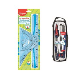 Maped 4 Piece Drive Set with Ruler 30 cm, Protractor 180 °/12 cm, Angle 60 °/21 cm, Angle 45 °/21 cm + Compass 5 Piece Stop System - Blue or Green