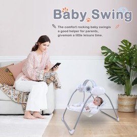 Otrolepota Baby Swing for Infant,Newborn Swing with Music,5 Speed Levels,Timing Setting,Soft Cushion,Foldable Infant Swing with with Hanging Planets Toy & Mirror for Indoor Outdoor Use 0-9 Months