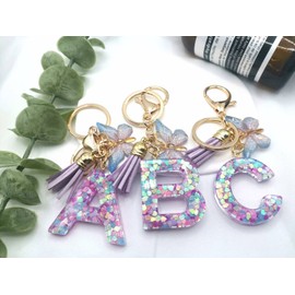 Meefisher Purple-Blue Resin Alphabet Initial Letter Bulk A-Z Keychain Tassel Butterfly Pendant Bag Charms Key Ring for Backpack Purse Wallet Handbags Car Keys Women,Pink Cute,M