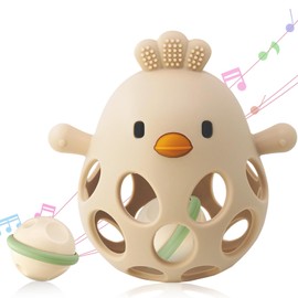 2-in-1 Baby Teething Rattle Toy, Sensory Grasping Teether for Infants 3-12 Months, 100% Food-Grade Silicone, Easy to Hold, Soothing & Developmental, BPA Free