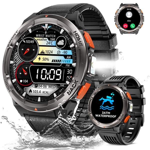 Men's Military Smartwatch with LED Torch Phone Function, 1.45 Inch