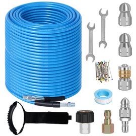 200 FT Sewer Jetter Kit for Pressure Washer, 5800PSI Water Jet Drain Cleaner Hose, 1/4 Inch NPT Corner with 4 Sewer Jetting Nozzles, Pearl Corsage Pin, Waterproof Tape, Handle Strap&2 Spanner (Blue)