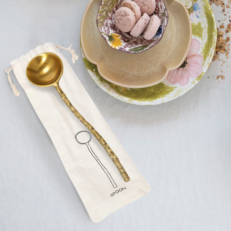 Bloomingville Brass Spoon with Hammered Handle in Printed Drawstring Bag