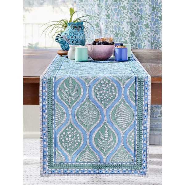 Saffron Marigold Blue Table Runner - 18x120 inches, Hand Block