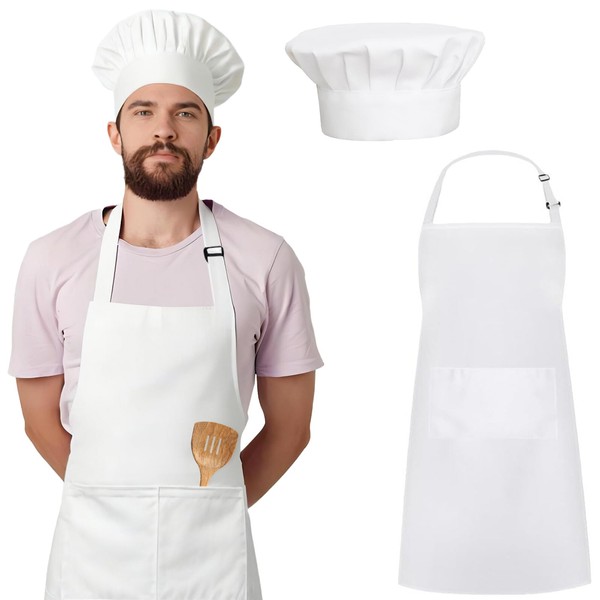 HZYIQ Chef's Hat and Apron Set White, Adjustable Cooking Apron