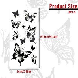 8 Sheets Large Black Butterfly Temporary Tattoo, Waterproof Adult Stickers, Realistic Fake Tattoos Stickers, Skin Butterfly, Flowers Tattoos for Women, Body, Arm