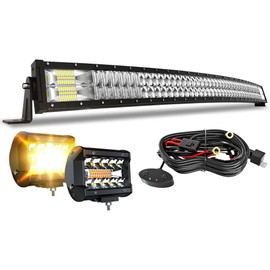 FEELON 5D 52'' inch Curved LED Light Bar + 4'' inch White/Amber Yellow LED Pods Strobe Driving Fog Lights Spot Flood Combo Beam Offroad Lighting with Switch Wiring Harness for Truck Pickup ATV
