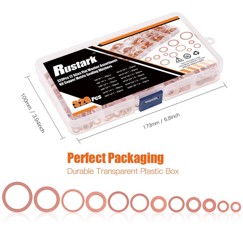 Rustark 320 Pcs Copper Flat Washers Assortment Kit Metric Sealing