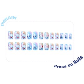 IMRAIN Press on Nails Medium Square Fake Nails Blue False Nails with Shell & Sea Star Designs Full Cover DIY Glue on Nails Glossy Acrylic Stick on Nails for Women Nail Supplies
