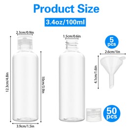 Lainballow 50 Pcs 3.4oz/100ml Plastic Travel Bottles, Leakproof Travel Bottles for Toiletries, Travel Size Squeeze Bottles with Flip Cap, Refillable Travel Container for Conditioner Shampoo Lotion