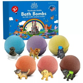 Relaxcation 6 Organic Bath Bombs For Kids with Surprise Inside LITTLE PUPPY TOYS 5 oz each