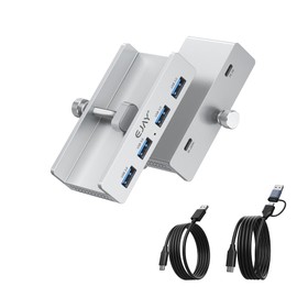 EJAY 4Ports USB3.0 HUB Alu Clamp Desktop USB3.0 Splitter for Desk/Monitors Clipping with Extra Power Supply Port,59inches Data & 39inches Power Cables-5Gbps(JK-4A-SV)