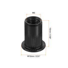 sourcing map M6 Rivet Nuts Carbon Steel Knurled Flat Head Threaded Insert Nut Black 60Pcs