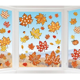 Whaline 6 Sheet Thanksgiving Fall Window Clings Hello Autumn Orange-Brown Pine Cones Maple Leaves Reusable Window Decals for Holiday Home Window Glass Decor