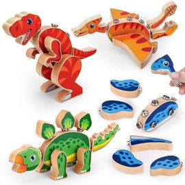 Dinosaur Snap Together Wooden Building Toys, Take Apart Dino Building Blocks Playset, STEM Montessori Educational Fine Motor Skill Learning Birthday Gift for 3 4 5 6+ Years Old Boys Girls Kids