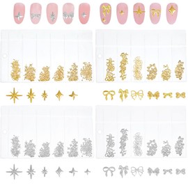 OLYCRAFT 4 Bags 4 Styles Star Bow Resin Fillers Hollow Resin Filler Silver/Golden Star Filling Charms Brass Nail Art Filler Brass Cabochons Nail Art Decorations for DIY Crafts Jewelry Making