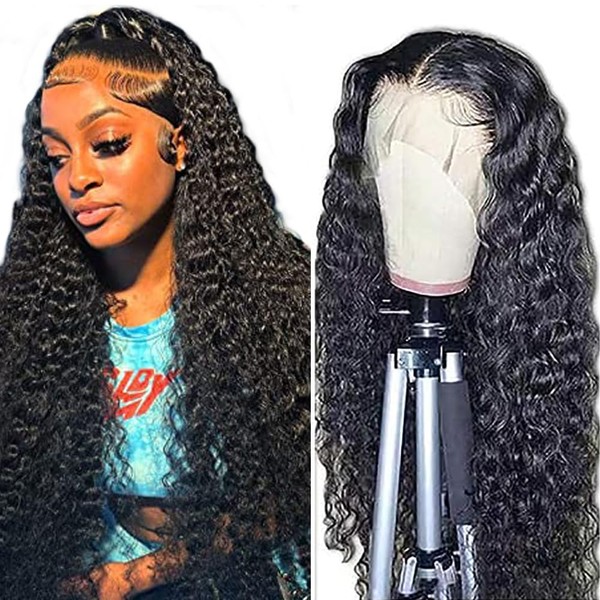 Deep Wave Real Hair Wig, 13 x 6 (33 x 15 cm), Lace Front Wig, 150% Density, Pre-Plucked, Free Part Wig with Baby Hair, Brazilian Remy Hair Top, Swiss Lace, 100% Unprocessed Virgin Real Hair W