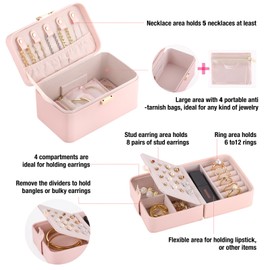 Funtopia 3-in-1 Jewelry Box, Pink Jewelry Box for Women, Travel Jewelry Case, Jewelry Organizer Box with 4pcs Travel Jewelry Bags, PU Leather Jewelry Storage for Rings Earrings Bracelets Necklaces
