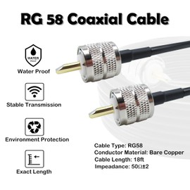 Rydocyee RG58 Coaxial Cable 18 Feet Solid Copper, UHF Male PL-259 to UHF Male PL-259 Low Loss, 50 Ohm Coax Cable for CB Radio, Ham Radio, SWR Meter, Police Scanner, Antenna Tuner (18FT)