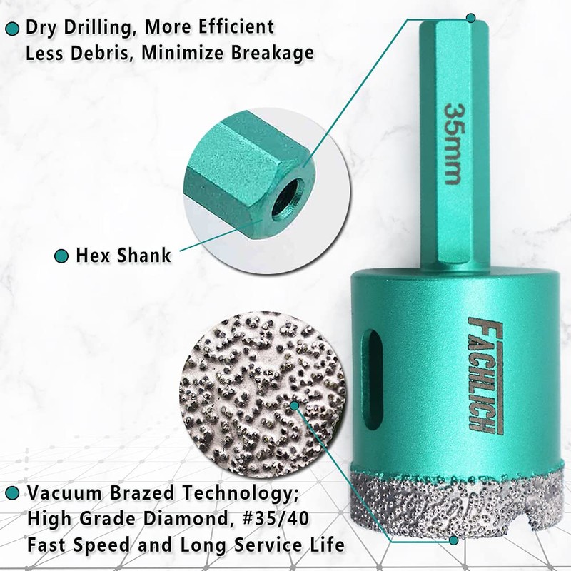 FACHLICH Diamond Core Drill Bit Set 6/8/10/25/35/50mm Porcelain Tile Drill
