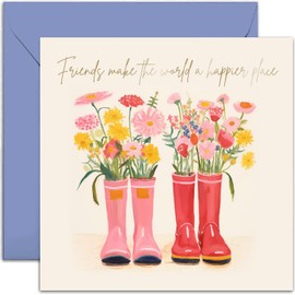 Old English Co. Female Birthday Card for Best Friend - 'Friends Make The World A Happier Place' Wellies Thank You Card for Best Friend - Floral Birthday Card for Women | Blank Inside Envelope
