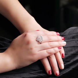 Uloveido Charm Big White Cherry Blossom Ring Rhodium Plated Teardrop Shape CZ Crystal Sakura Flower Rings Floral for Her Girlfriend Y581 (Size 9)