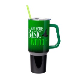 Silver Buffalo Wicked Elphaba Not Your Basic Witch Ombre Stainless Steel Tumbler with Handle and Straw, Fits in Standard Cup Holder, 40 Ounces