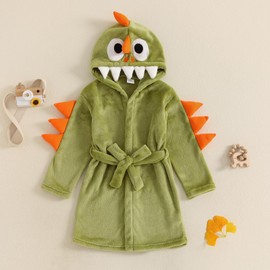 MAHUAOYIXI Toddler Boys Girls Bathrobe Cartoon Animal Plush Hooded Long Sleeve Sleep Robe Dinosaur Fleece Pajamas Dressing Gown Soft Cosy Velvet Warm Embroidery Sleepwear (Green, 6-12 Months)