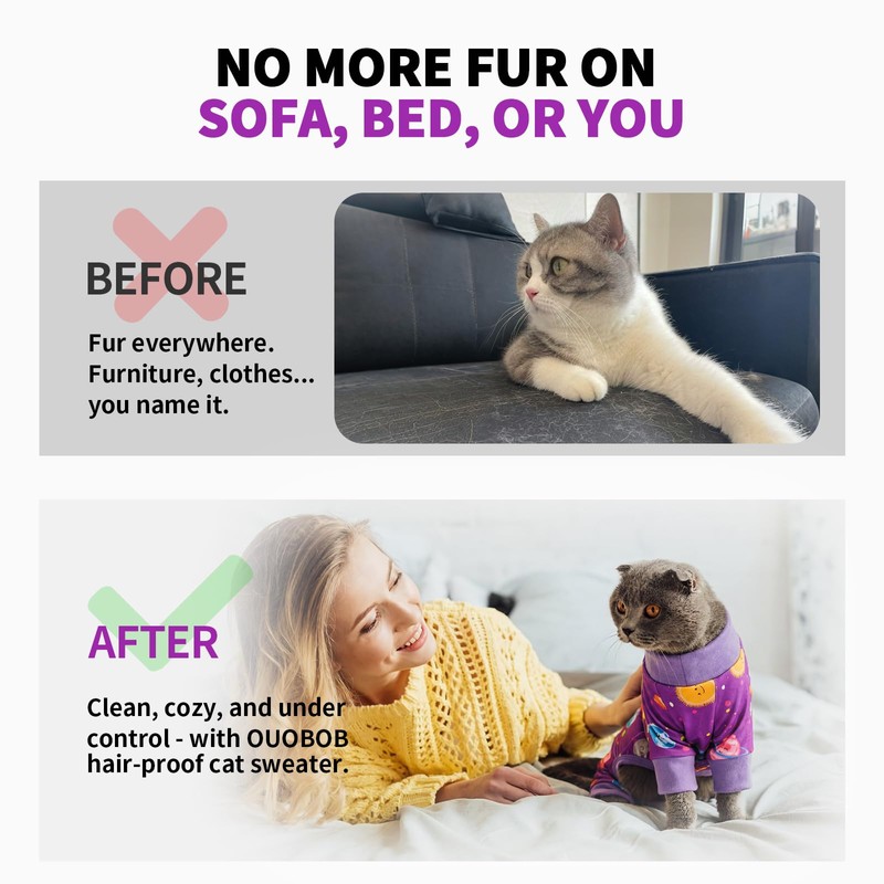 OUOBOB Sticky Hair Cat Clothes, Anti-Shedding Cat Pajamas, Purple S