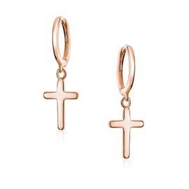 Small Plain Religious Dangling Charm Cross Mini Hoop Huggie Earrings For Women Men Teen Rose Gold Plated .925 Sterling Silver