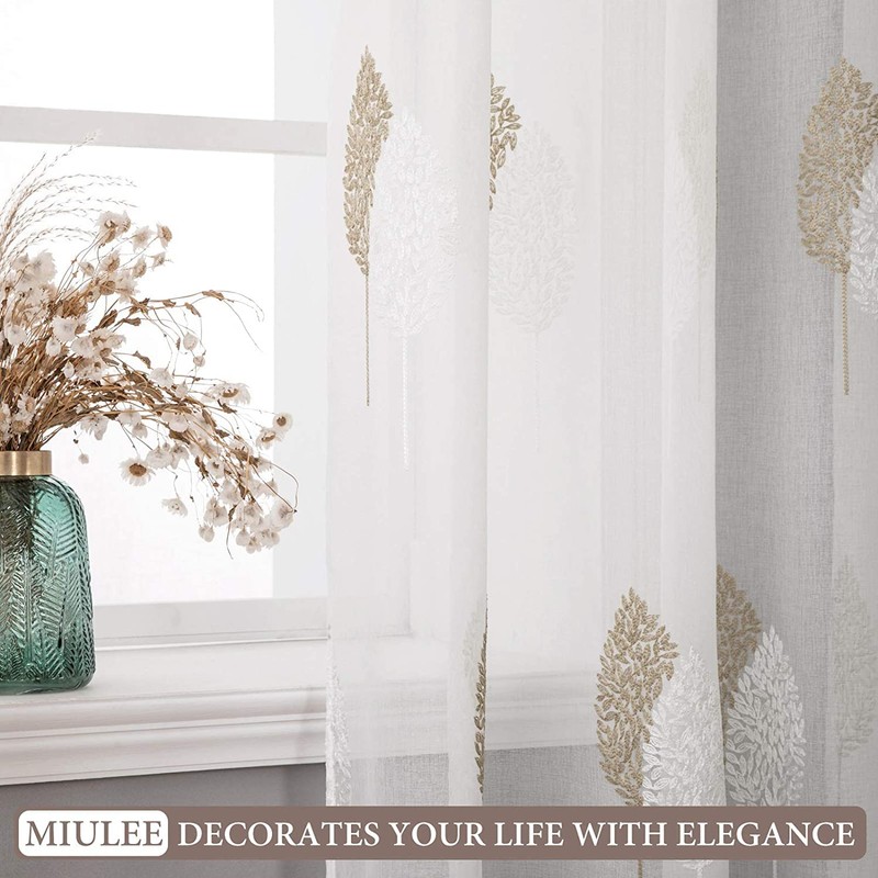 MIULEE 2 Panels Sheer Curtains Brown and White Embroidered Leaves