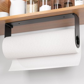 Paper Towel Holder Under Cabinet, Wall Mount Paper Towels Holder for Kitchen Under Counter, Self Adhesive and Drilling, Heavy-Duty Hanging Paper Towel Roll Holder Inside Cabinet Door, Black