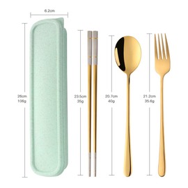 SBOMHS Stainless Steel Portable Travel 3-Piece Cutlery Set with Case Fork Spoon Chopsticks for 1 Camping Flatware for School Picnic Utensils Set Gold