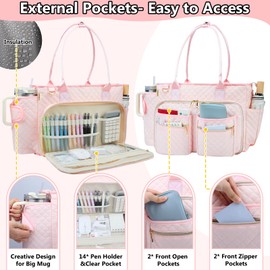 SIYNPAV Teacher Tote Bag with 15.6 in Laptop Compartment& Cup Holder Pink