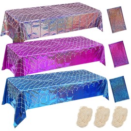 Oudain 12 Pcs Iridescent Tablecloths and Fish Net Decorative Set Holographic Plastic Table Covers for Under The Ocean Beach Surf Ocean Pool Party Birthday Party Decorations Baby Shower Mermaid Party
