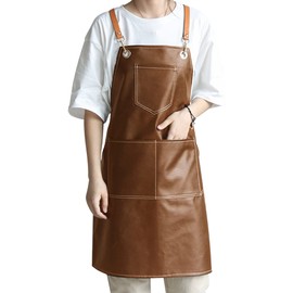 Small snail Retro PU Leather Apron Women Men Pinafore with 5 Pockets Waterproof Cross Back Artist Apron for Pottery Garden Craft Painting Woodworking Hairdressing Cafe