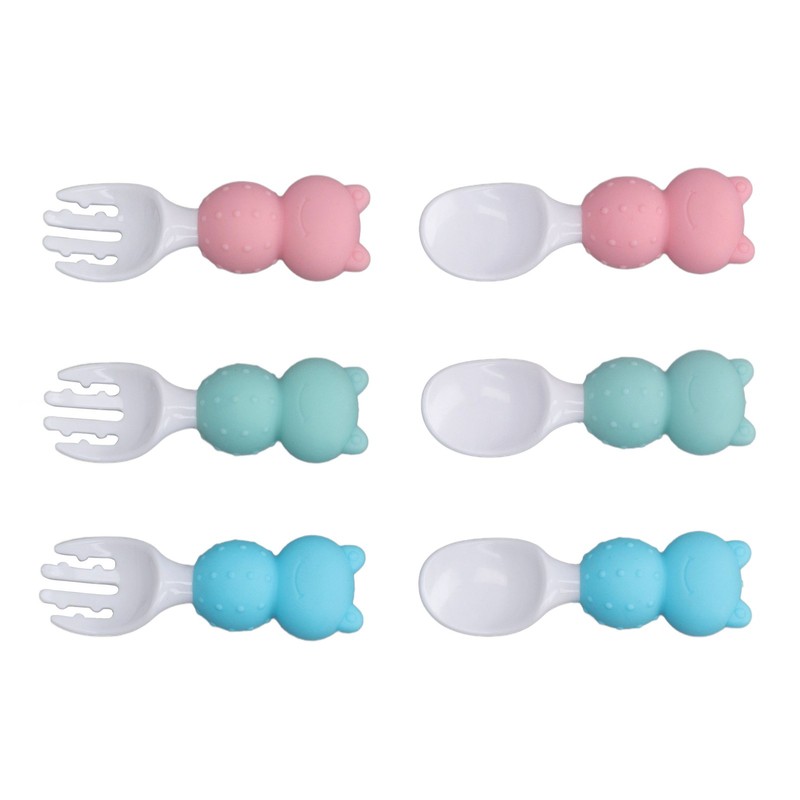 Baby Spoons Forks Set Short Handle Silicone Self Feeding Utensils