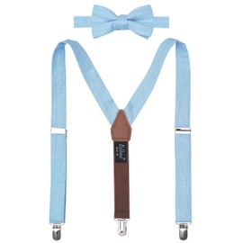 BELLUNO - Juego de tirantes sólidos y pajarita preatada, mezcla de algodón y lino, tamaño desde niños pequeños hasta adultos, 34 Azul Cielo Claro, M - (6-12 years, < 5')