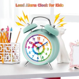 Peakeep Loud Analog Alarm Clock for Kids Learning Telling Time Teaching, 4.5" Twin Bell Alarm Clock Battery Operated for Heavy Sleepers Adults Teenagers Kids(Aqua)