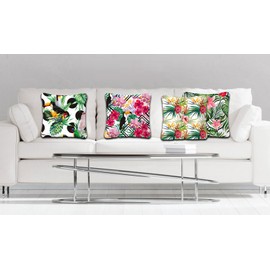 Betadistor Green Cushion Covers Set of 4, 45 x 45 cm Green Tropical Leaf & Birds Modern Art Decorative Throw Pillow Covers Pillowcases for Sofa Garden Patio Home Decor, Green, 505-0090