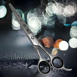 Premium Perforated Blades Salon Barber Scissors With Curved Finger Rest and Rubber Inner Rings - German Stainless Steel (Silver)