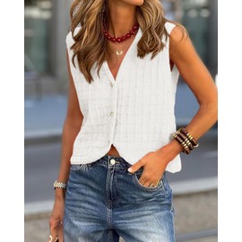 BTFBM Summer Sweater Vest for Women 2025 Sleeveless V Neck Lightweight Button Up Cardigan Knit Tank Tops Spring Clothes(White, X-Large)