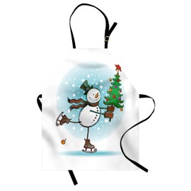 Ambesonne Snowman Apron, Hand Drawn Style Skating Christmas Tree and Hat Cold Winter Snowfall, Unisex Kitchen Bib with Adjustable Neck for Cooking Gardening, Adult Size, Pastel Blue